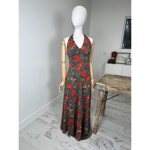 1970s Halter Maxi Novelty Print Dress Floral Funky Boho